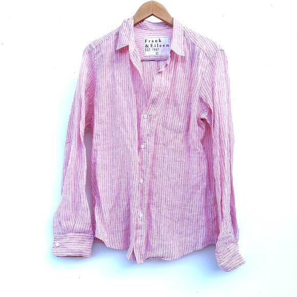 Frank & Eileen Barry Linen Striped Button Up Shirt Top Pink White Large Yellow - Picture 1 of 7